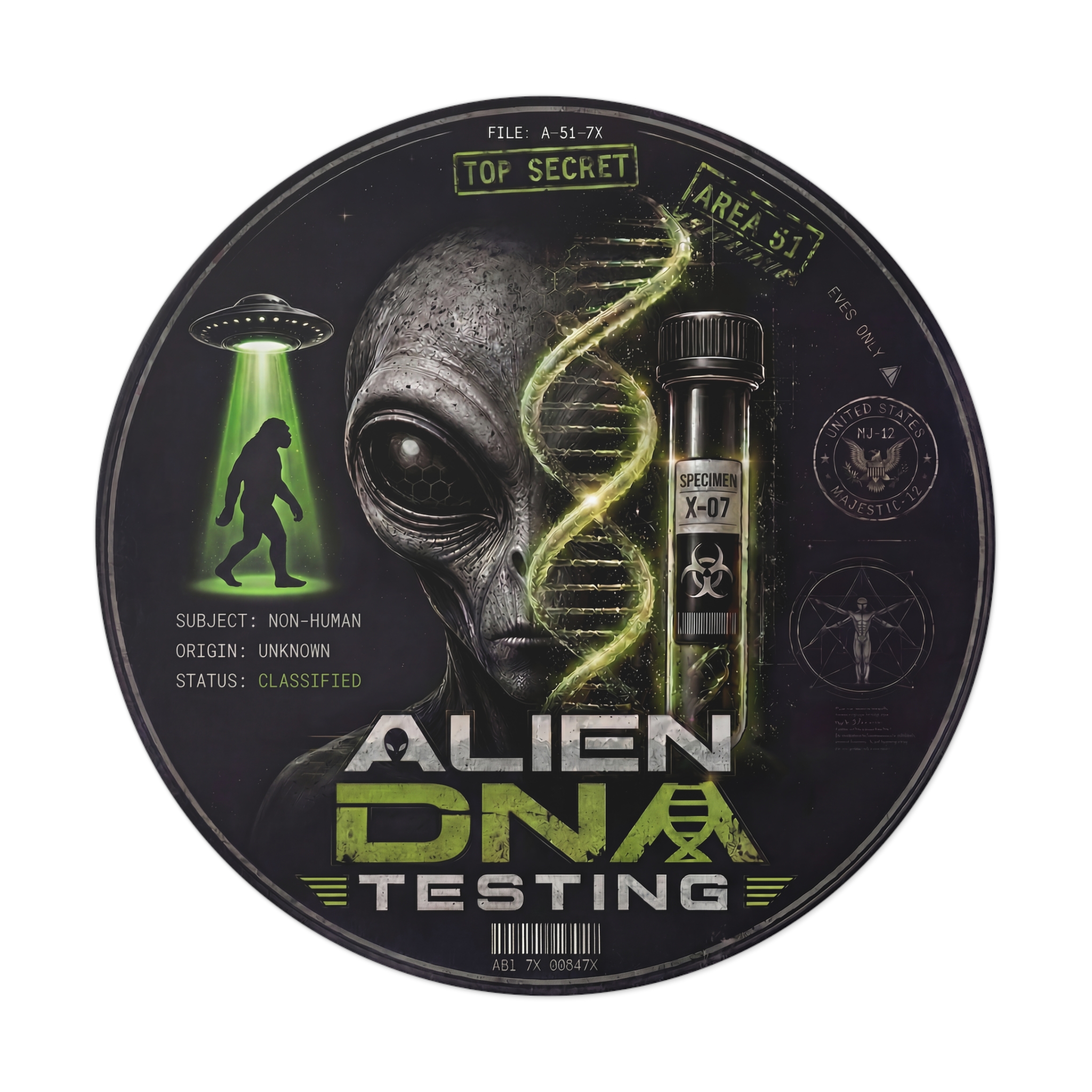 Grey Alien DNA Testing – Top Secret Area 51 6" Round Vinyl Decal - Image 2