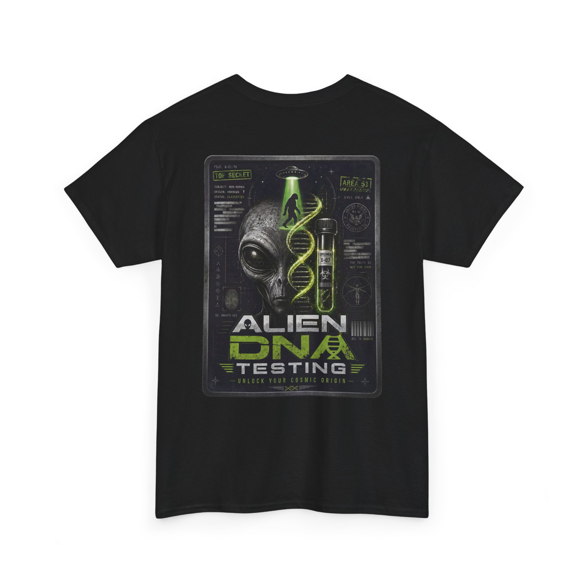 Alien DNA Testing — Area 51 Specimen File UFO Graphic T-Shirt - Image 3