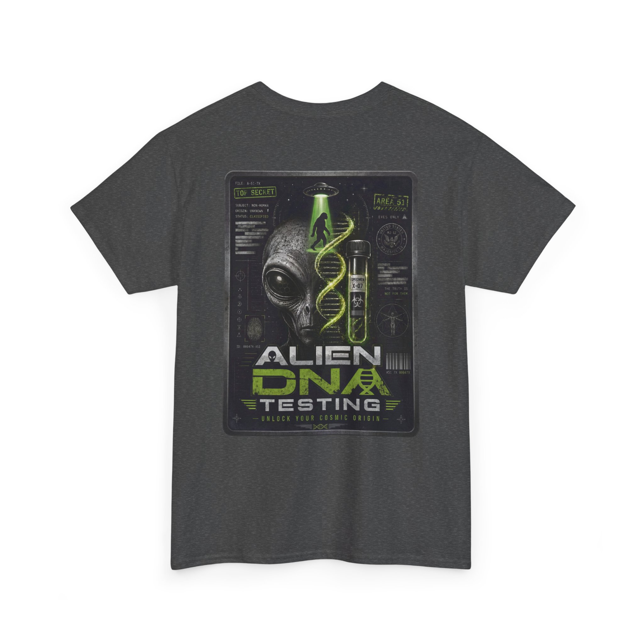 Alien DNA Testing — Area 51 Specimen File UFO Graphic T-Shirt - Image 54