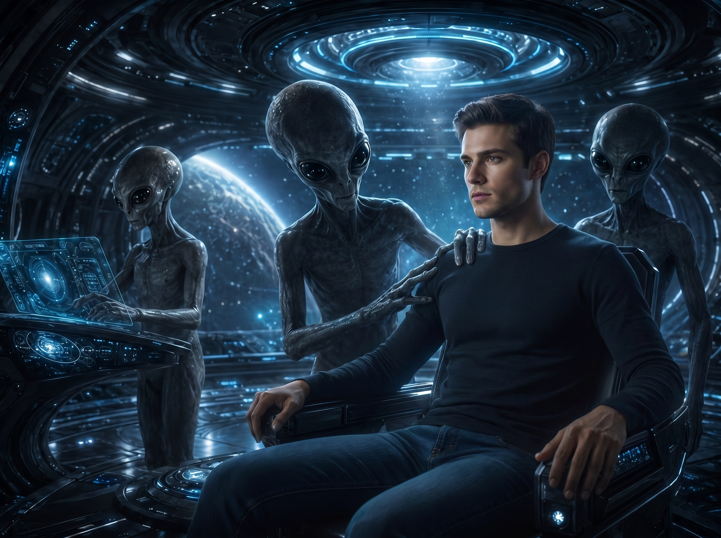 Alien encounter scene preview showing an abductee seated inside a spacecraft