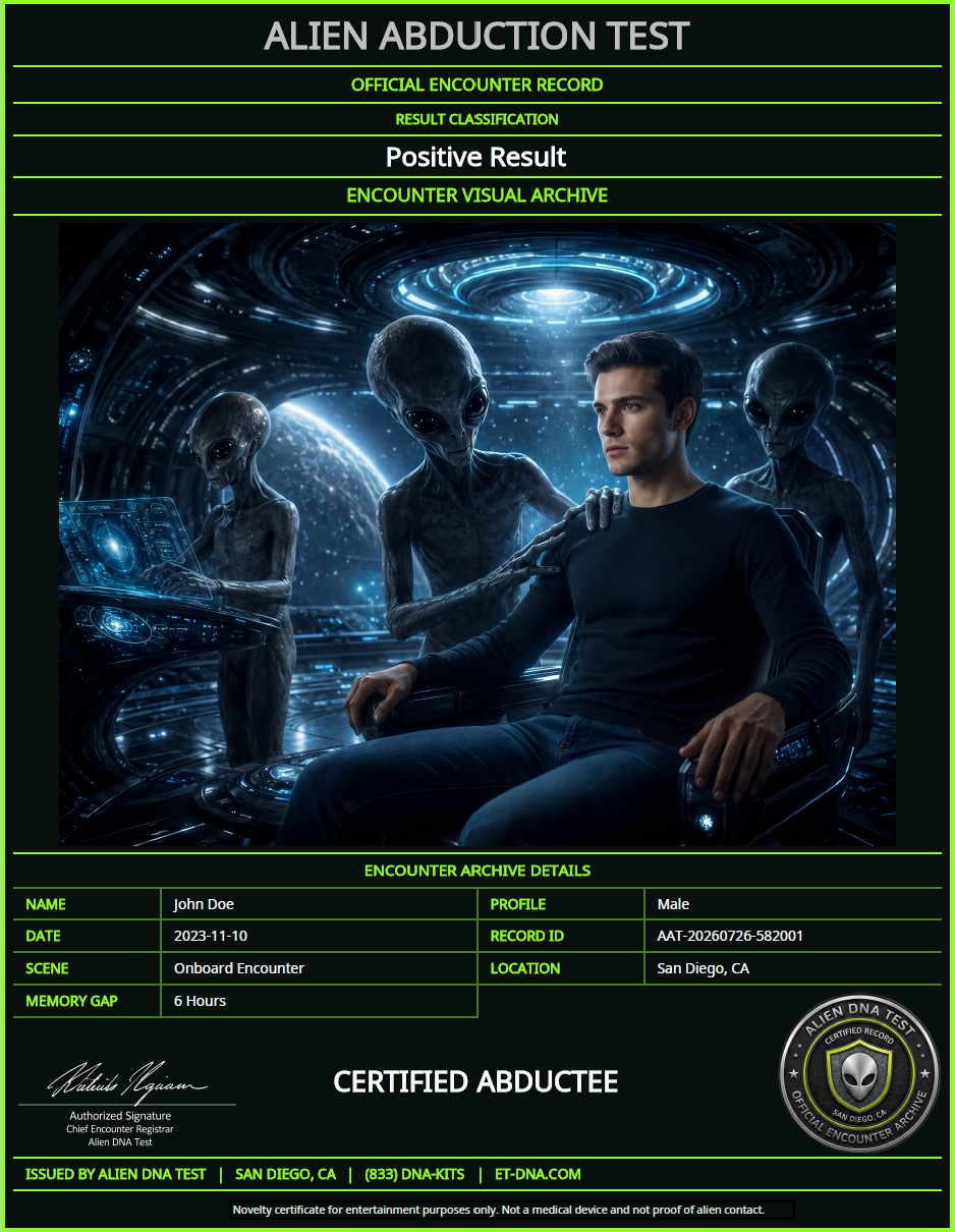 Completed Alien Abduction Test Official Encounter Record certificate