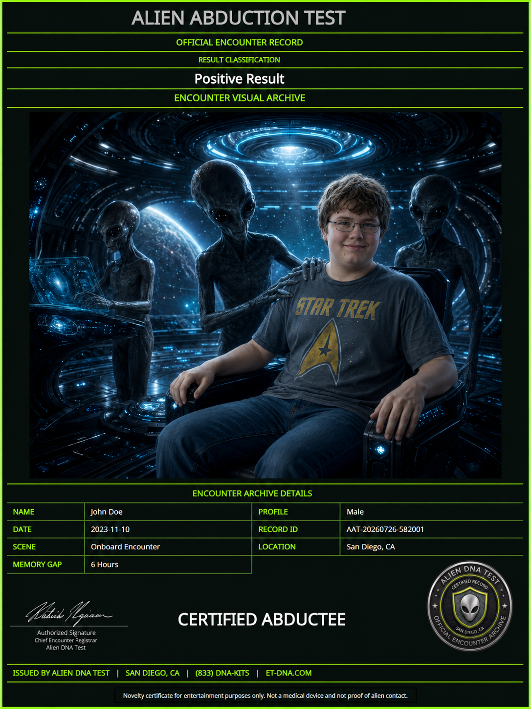 Finished personalized Alien Abduction Test certificate with the photographed person inserted into the encounter scene